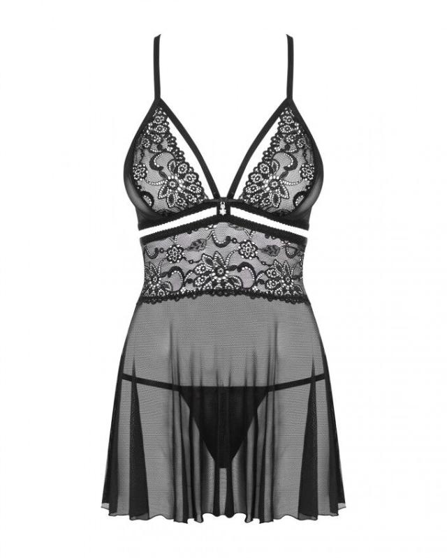 SO7183 Эротический кружевной комплект с сеточкой Obsessive 838-BAB-1 babydoll & thong black XXL, черный, пе