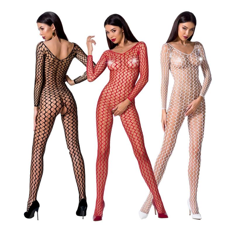 PBS068W Бодистокинг Passion BS068 white, комбинезон, крупная сетка, длинный рукав