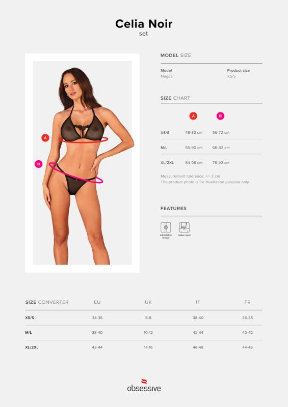 SO7867 Полупрозрачный комплект Obsessive Celia Noir 2-pcs set XL/2XL, бюстгальтер, стринги