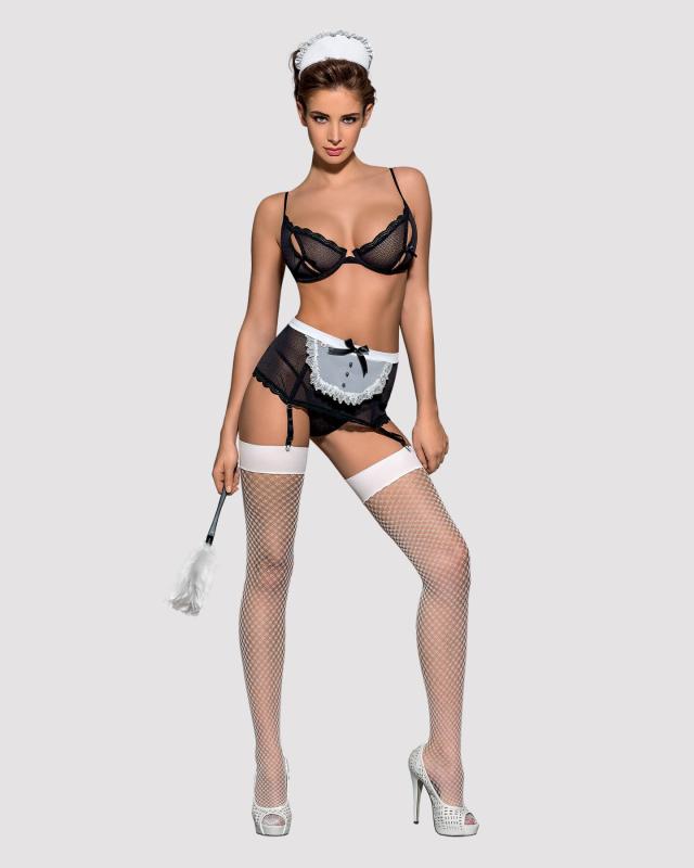 SO7290 Еротичний костюм покоївки Obsessive Maidme set 5pcs S/M, бюстгальтер, пояс з фартухом, панчохи, стрі