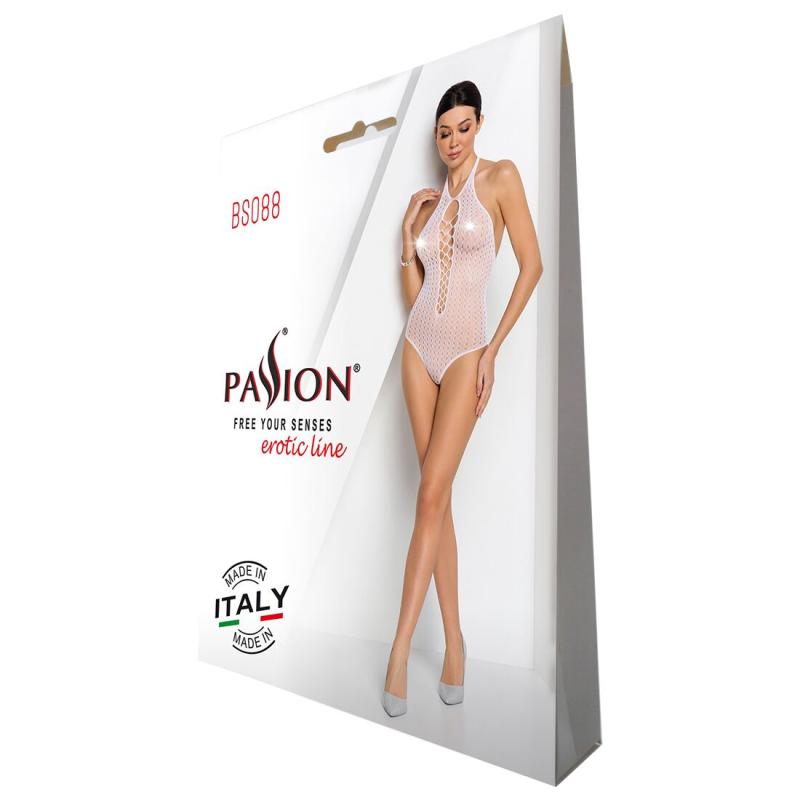 SO6384 Бодистокинг с декольте Passion BS088 white, имитация корсетной шнуровки