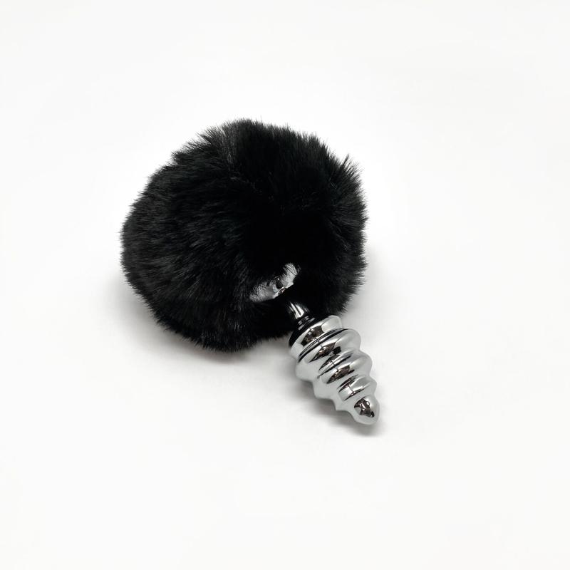 SO6307 Металлическая анальная пробка Кроличий хвостик Alive Fluffy Twist Plug S Black, диаметр 2,9 см