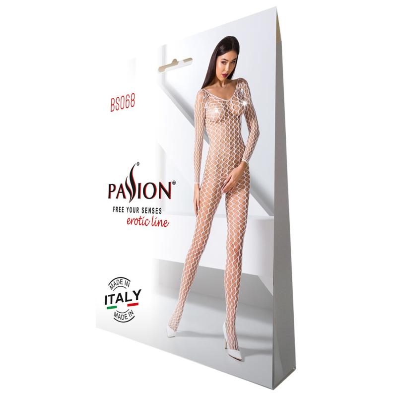 PBS068W Бодистокинг Passion BS068 white, комбинезон, крупная сетка, длинный рукав