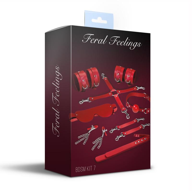 SO8277 Набор Feral Feelings BDSM Kit 7 Red, наручники, поножи, коннектор, маска, паддл, кляп, зажимы