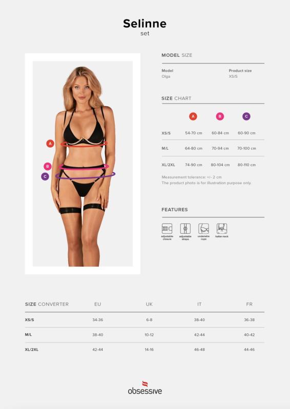 SO8667 Комплект белья Obsessive Selinne 3-pcs set XS/S Black, бюстгальтер, стринги пояс для чулок