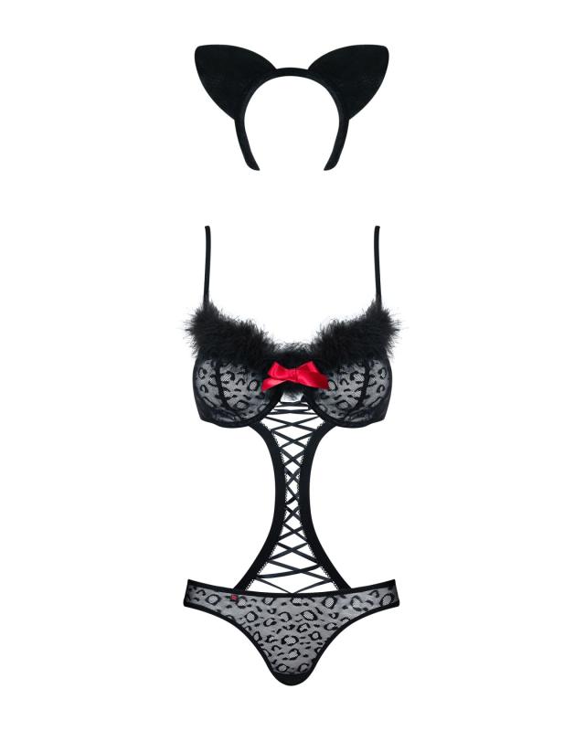 SO7276 Еротичний костюм гепарду Obsessive Gepardina 3 pcs costume S/M, чорний, хутряне оздоблення, монокіні