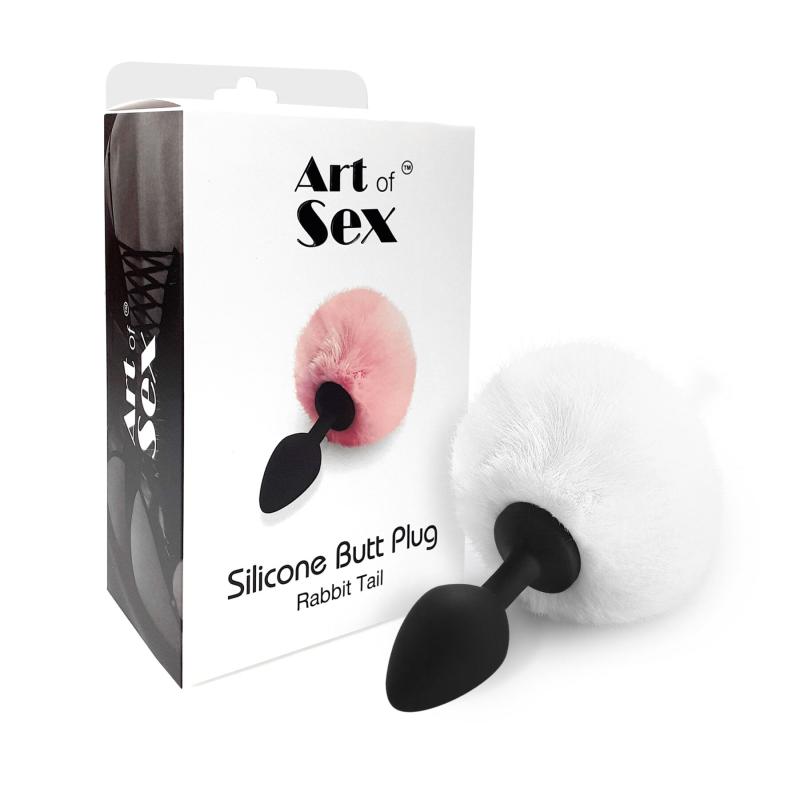 SO6695 Силиконовая анальная пробка М Art of Sex - Silicone Bunny Tails Butt plug White, диаметр 3,5 см