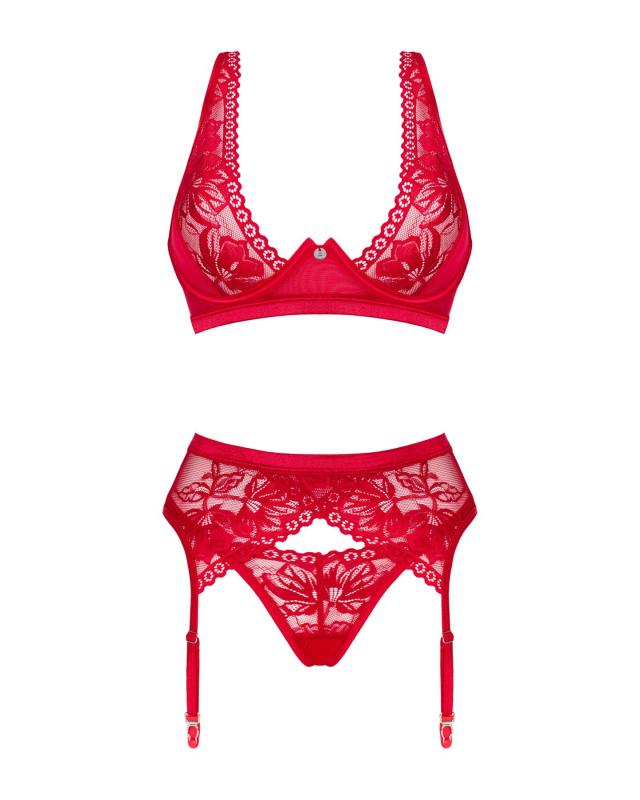 SO8657 Комплект белья Obsessive Lacelove cupless 3-pcs set XL/2XL Red, бюстгальтер, стринги, пояс для чулок