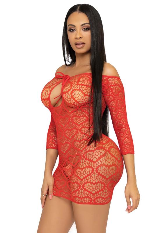 SO7885 Платье-сетка с сердечками Leg Avenue Heart net mini dress Red, завязки, открытые плечи, one size