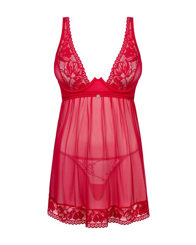 SO8647 Прозрачная сорочка бэби-долл Obsessive Lacelove babydoll & thong M/L Red, кружево, стринги