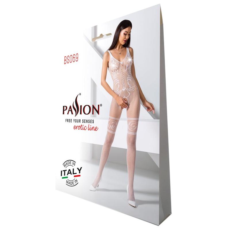 PBS069W Бодистокинг Passion BS069 white, комбинезон, имитация чулок и боди