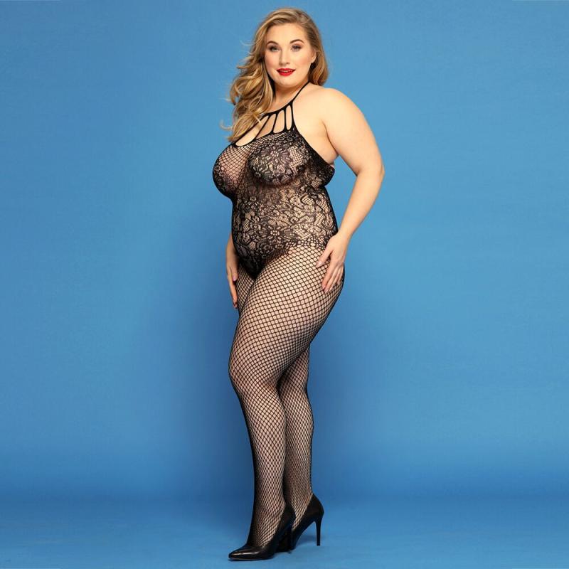 SO8389 Сетчатый бодистокинг JSY «Откровенная Мадлен» Plus Size, Black, имитация боди, кружево, доступ