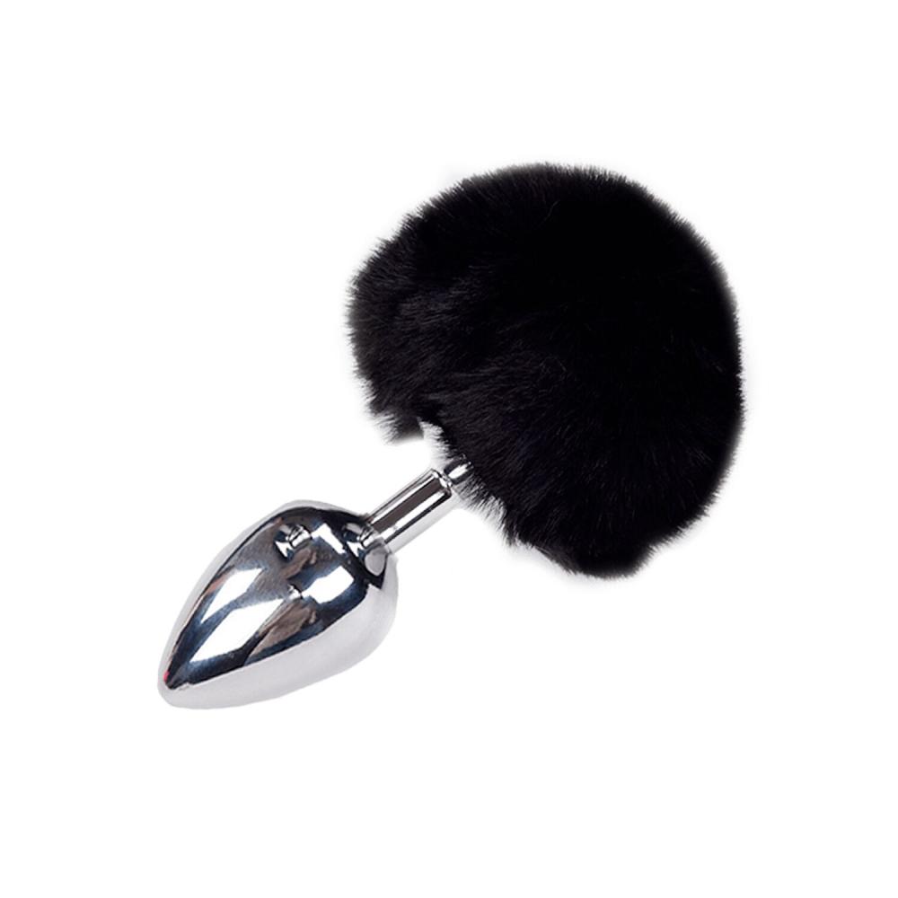 SO6318 Металлическая анальная пробка Кроличий хвостик Alive Fluffy Plug L Black, диаметр 3,9 см