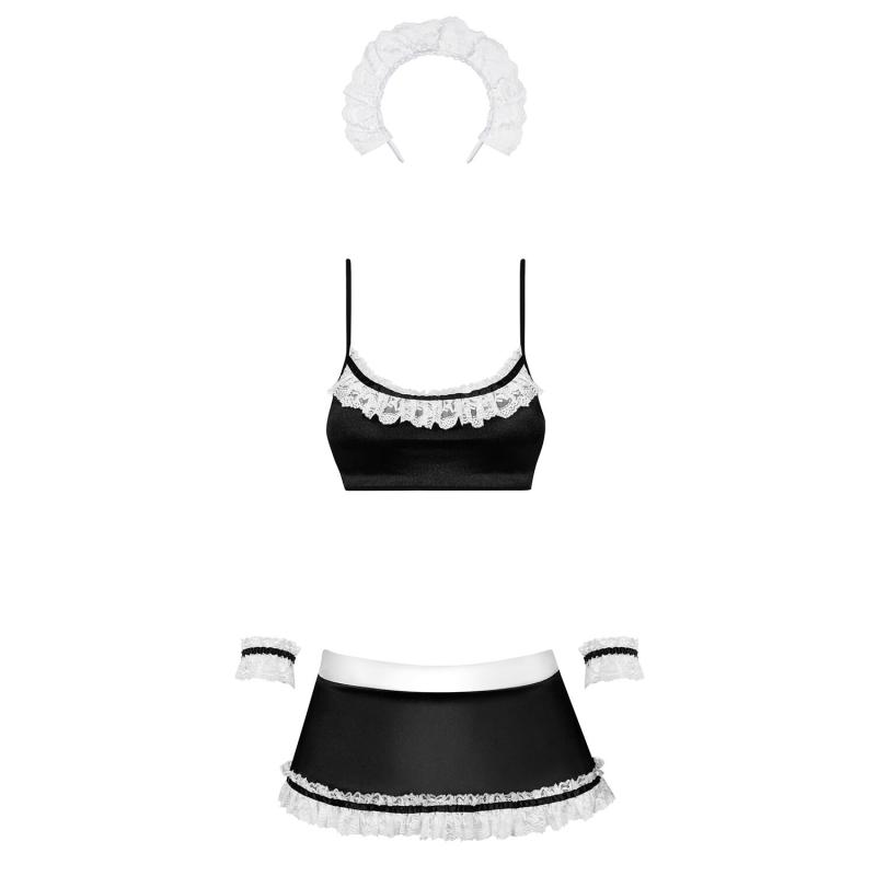 SO7715 Атласний еротичний костюм покоївки Obsessive Maid set S/M, black, топ, спідниця, стринги, манжети, о