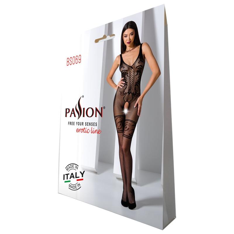 PBS069B Бодистокинг Passion BS069 black, комбинезон, имитация чулок и боди