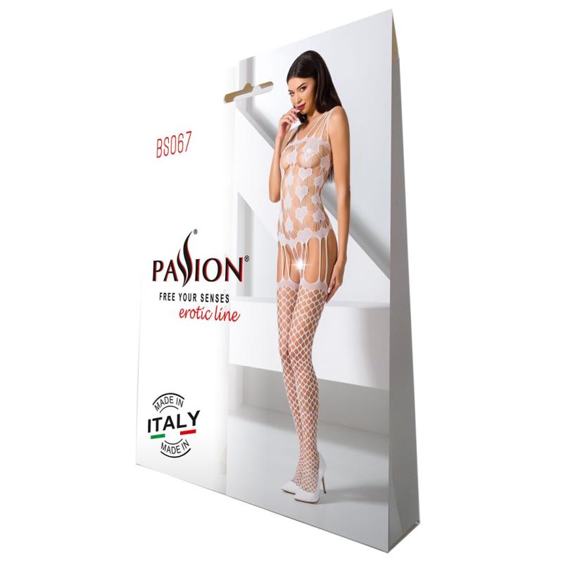 PBS067W Бодистокинг Passion BS067 white, комбинезон, имитация чулок и топа на бретелях
