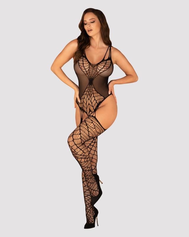 SO7247 Ажурный бодистокинг под паутину Obsessive Bodystocking G325 black S/M/L, черный, комбинезон, имитаци