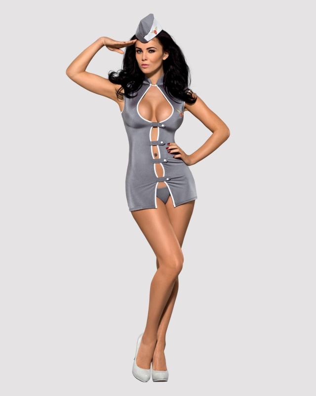 SO7308 Эротический костюм стюардессы Obsessive Stewardess 3 pcs costume grey S/M, серый, платье, стринги, п