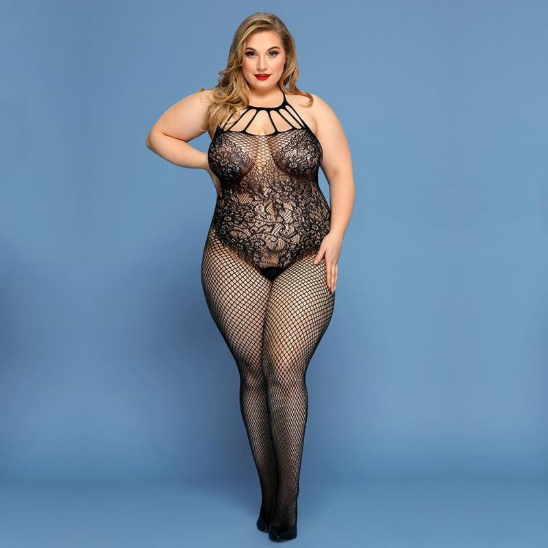 SO8389 Сетчатый бодистокинг JSY «Откровенная Мадлен» Plus Size, Black, имитация боди, кружево, доступ