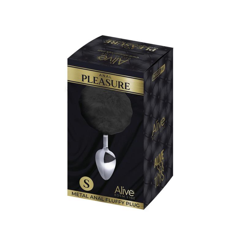 SO6312 Металлическая анальная пробка Кроличий хвостик Alive Fluffy Plug S Black, диаметр 2,8 см