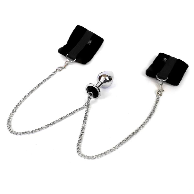 SO6235 Наручники с металлической анальной пробкой Art of Sex Handcuffs with Metal Anal Plug  size M Black