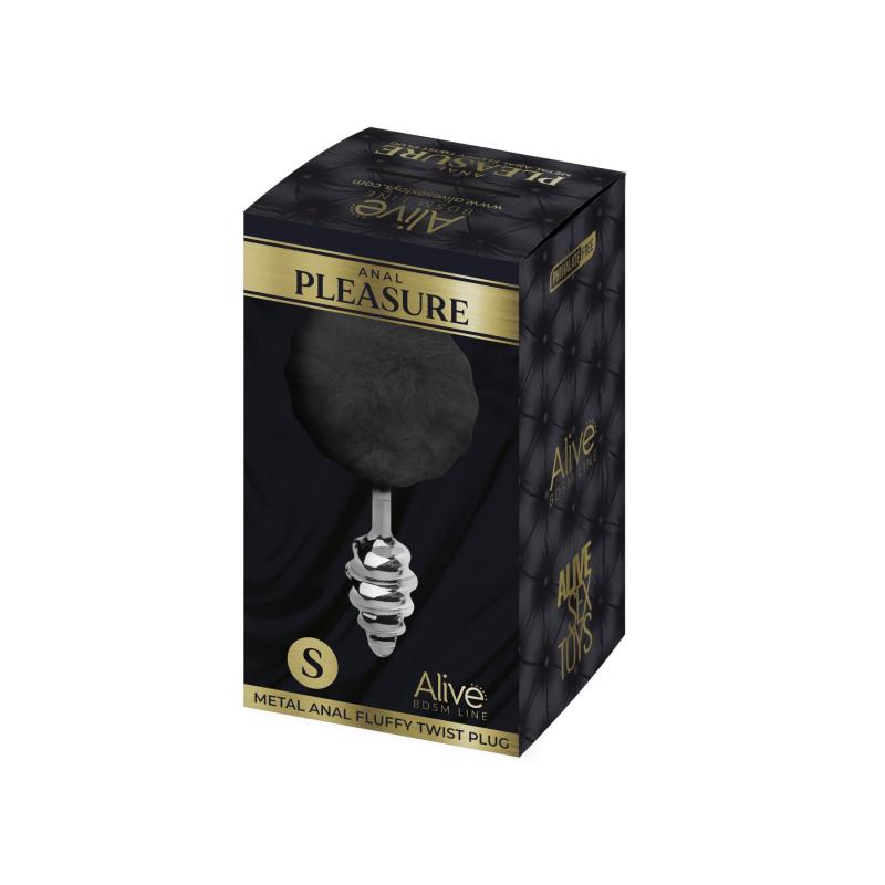 SO6307 Металлическая анальная пробка Кроличий хвостик Alive Fluffy Twist Plug S Black, диаметр 2,9 см