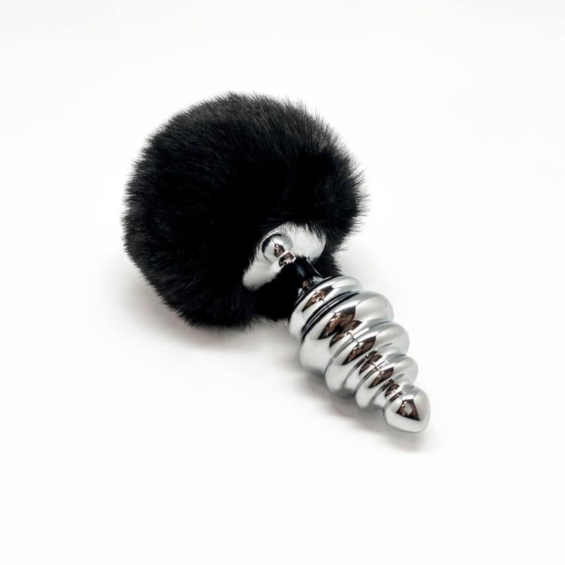 SO6311 Металлическая анальная пробка Кроличий хвостик Alive Fluffy Twist Plug L Black, диаметр 3,8 см