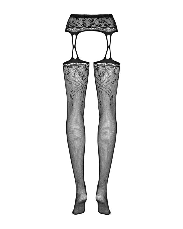 SO7265 Чулки-стокинги с растительным рисунком Obsessive Garter stockings S206 black S/M/L черные, имитация