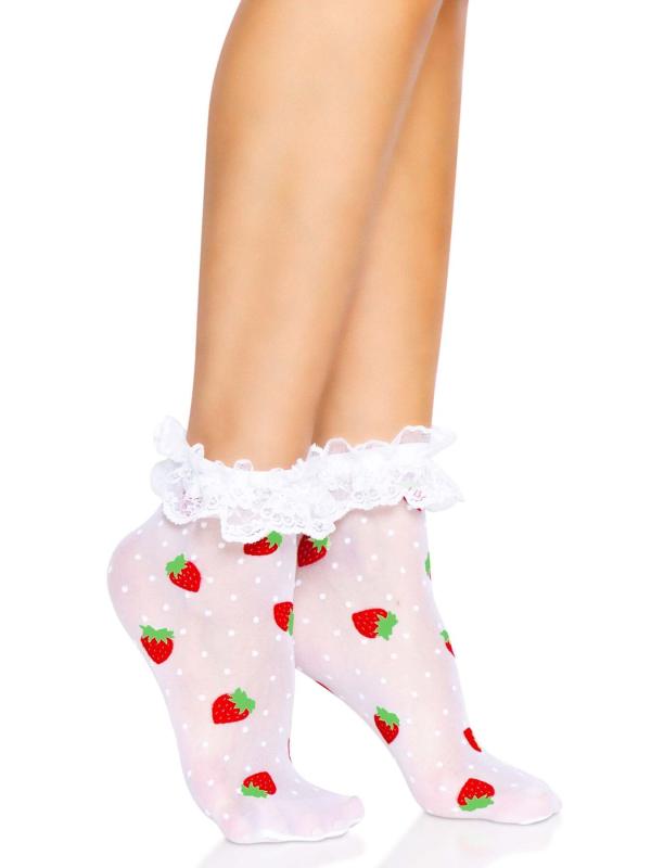 SO8583 Носки женские с клубничным принтом Leg Avenue Strawberry ruffle top anklets One size, кружевные манж