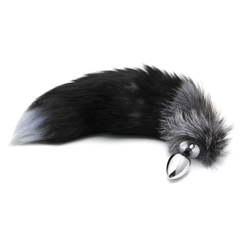 SO6322 Металева анальна пробка Лисячий хвіст Alive Black And White Fox Tail M, діаметр 3,4 см