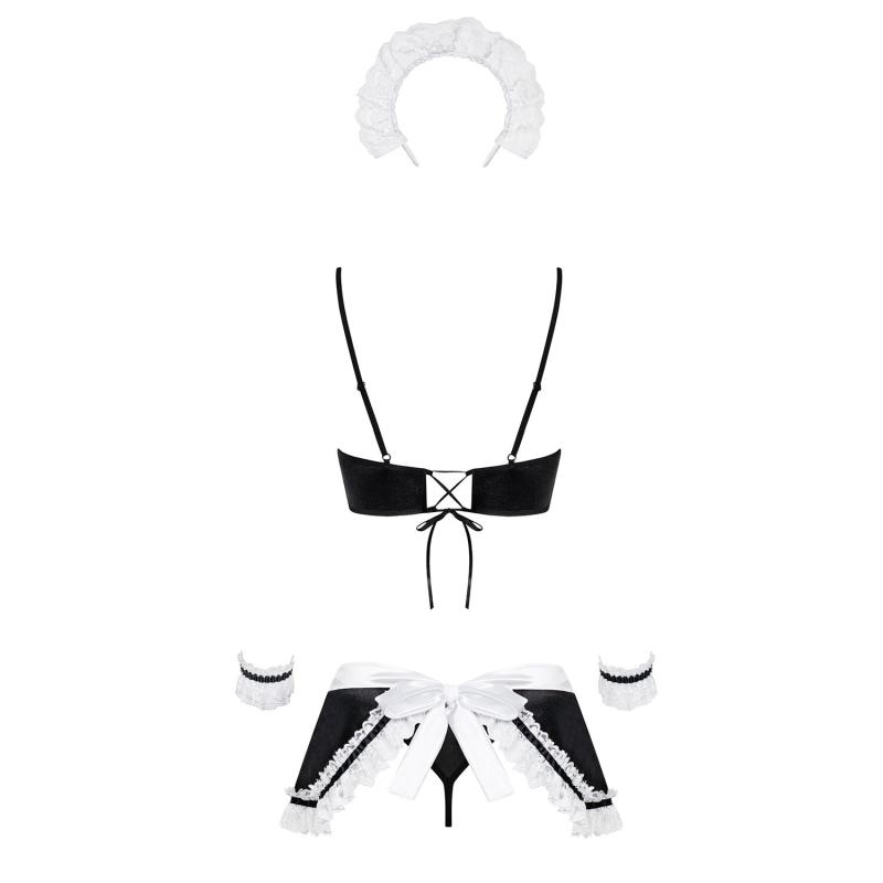 SO7715 Атласний еротичний костюм покоївки Obsessive Maid set S/M, black, топ, спідниця, стринги, манжети, о