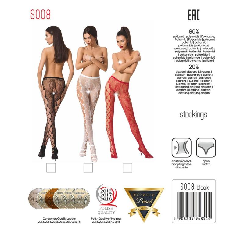 PSS008W Эротические колготки-бодистокинг Passion S008 white, ажурные колготки с вырезом и лампасами-сеткой