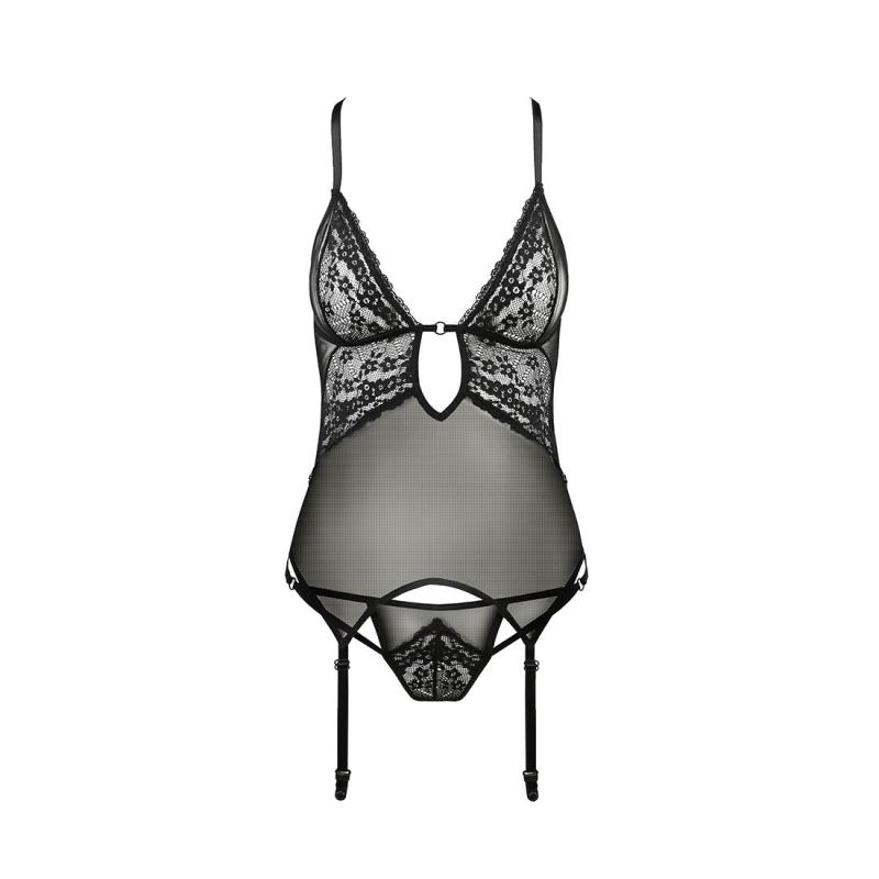 PS26007 Корсет с декольте ERZA CORSET black L/XL - Passion, пажи, трусики, полупрозрачный