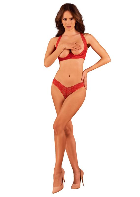 SO8654 Комплект белья Obsessive Lacelove cupless 2-pcs set XL/2XL Red, открытый доступ, открытая грудь