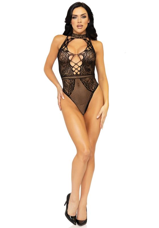 SO7898 Leg Avenue Net and lace halter bodysuit OS Black