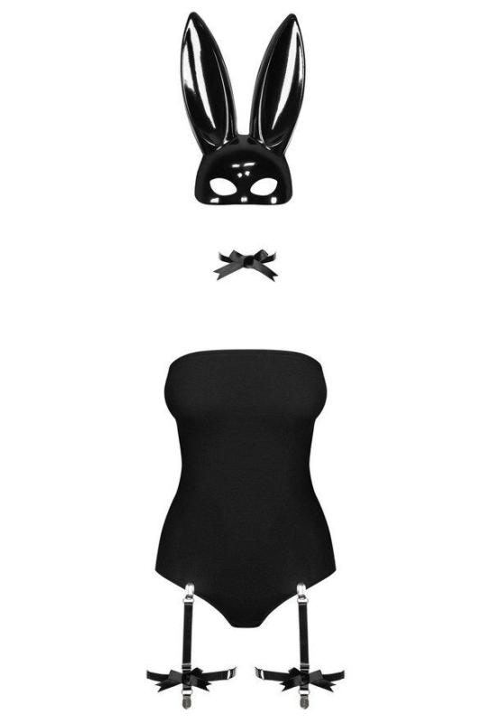 SO7702 Еротичний костюм кролика Obsessive Bunny costume L/XL, black, боді, чокер, гартери, панчохи, маска