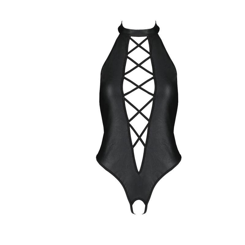 SO5370 Боді з еко-шкіри з імітацією шнурівки та відкритим доступом Nancy Body black L/XL - Passion