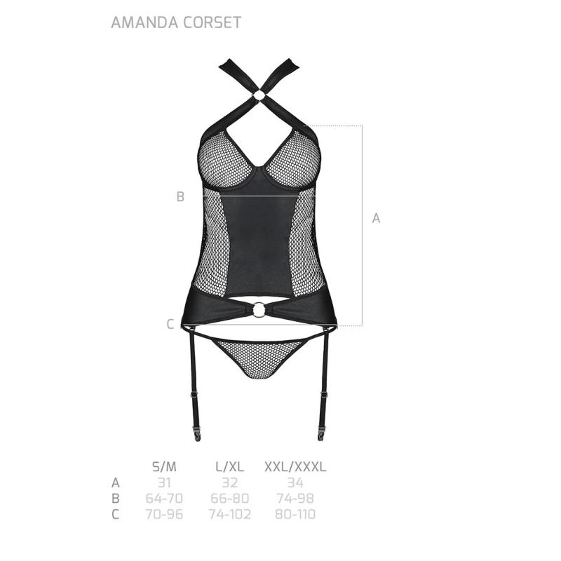 SO5319 Сетчатый комплект корсет с халтером, съемные подвязки и трусики Amanda Corset black S/M - Passion