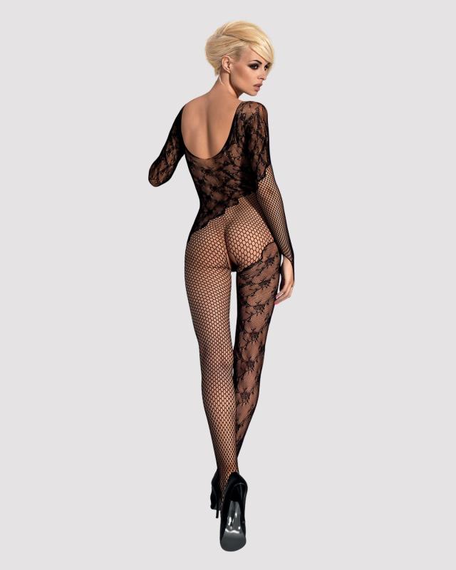SO7221 Бодістокінг Obsessive Bodystocking F210 S/M/L black, рукава-мітенки, сітка, кольорове мереживо