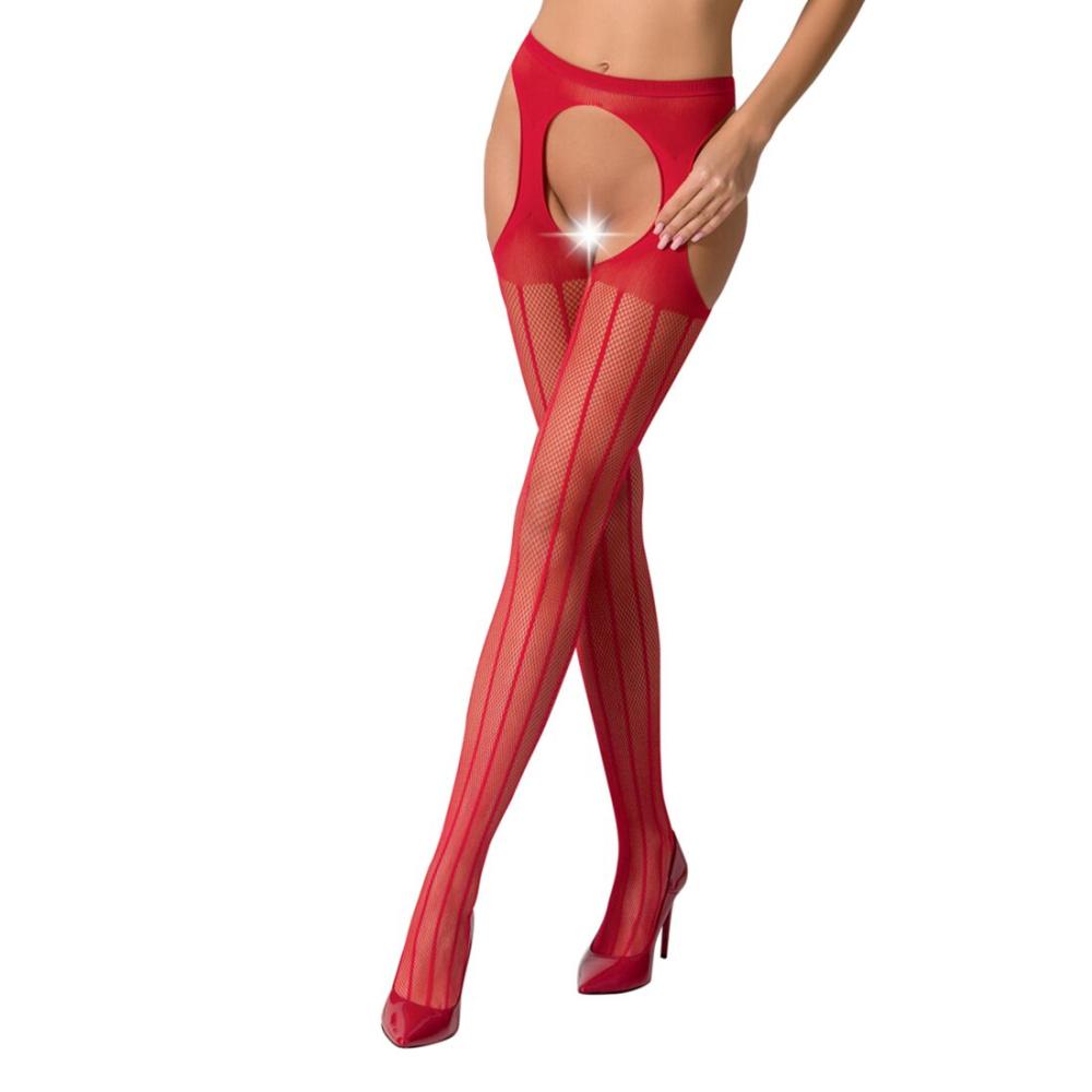 PSS018R Эротические колготки-бодистокинг Passion S018 red, имитация чулок с вертикальными полосками и пояс
