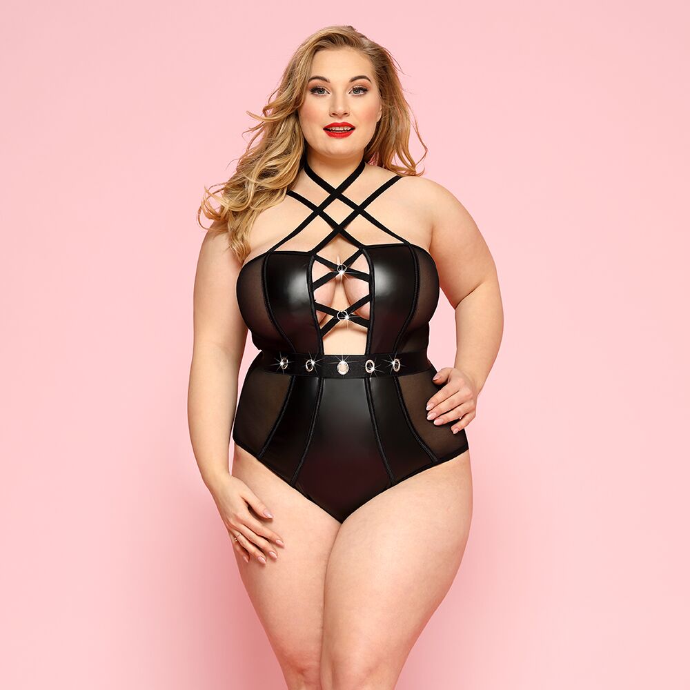 SO8378 Сексуальное боди JSY «Страстная Лорейн» Plus Size Black, люверсы, стрепы, экокожа, шнуровка