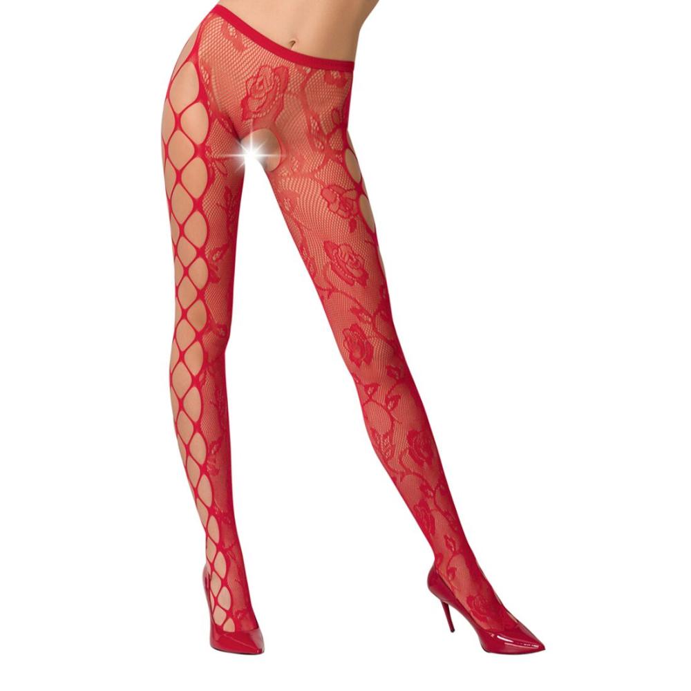 PSS008R Эротические колготки-бодистокинг Passion S008 red, ажурные колготки с вырезом и лампасами-сеткой