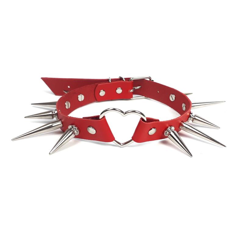 SO7012 Чокер сердце с большими шипами, из натуральной кожи Art of Sex - Crystal, цвет Красный