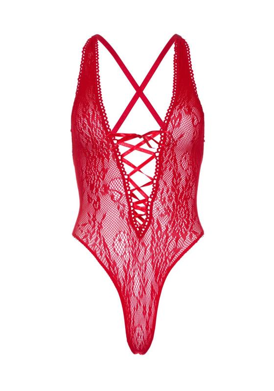 SO7964 Кружевное боди Leg Avenue Floral lace thong teddy Red, шнуровка на груди, one size