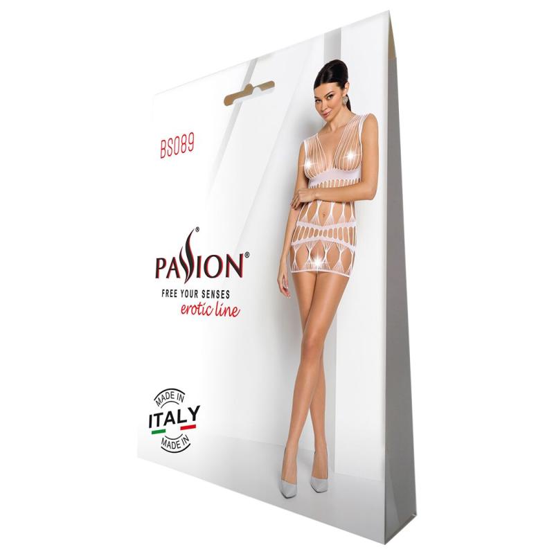 SO6387 Бодистокинг-платье Passion BS089 white, мини, плетение в виде паутины