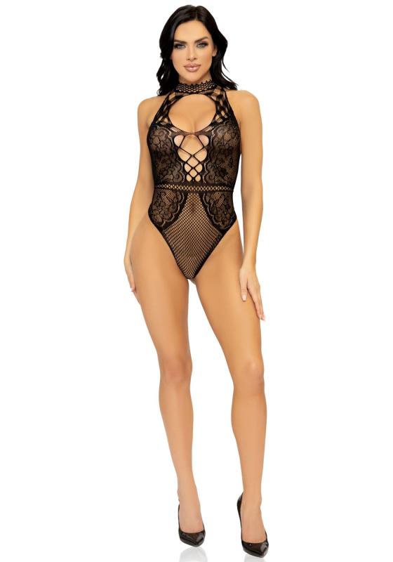SO7898 Leg Avenue Net and lace halter bodysuit OS Black