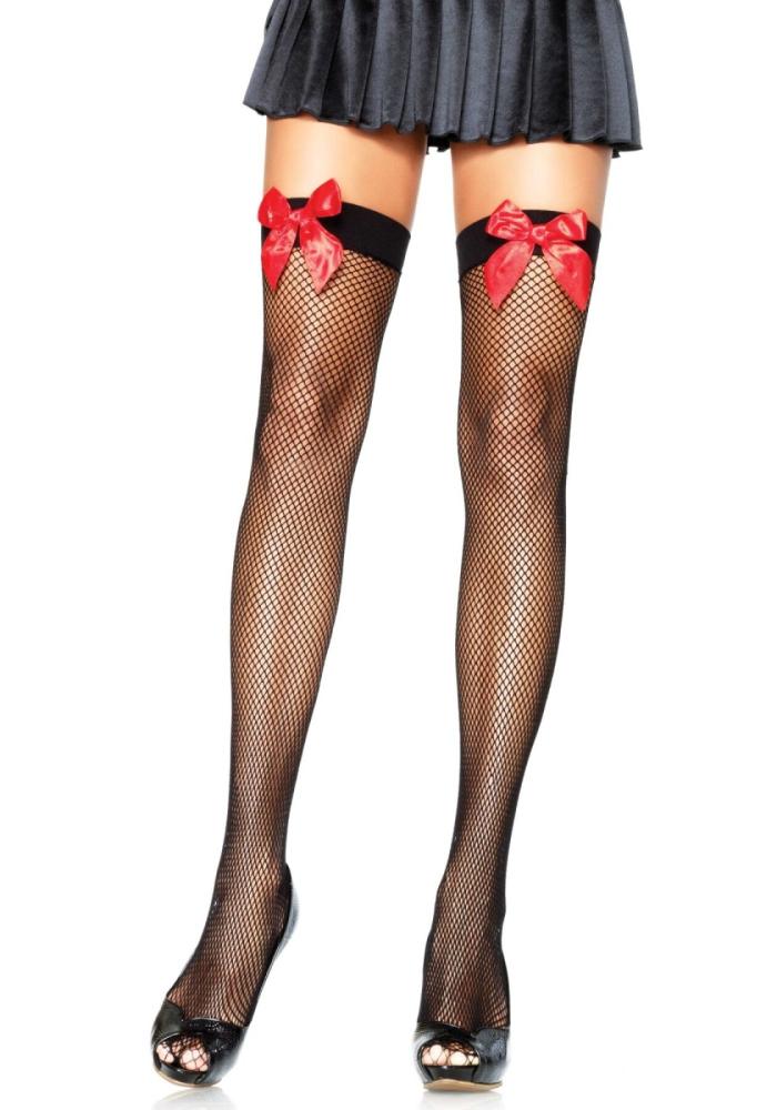 SO8597 Чулки-сетка с атласным бантиком Leg Avenue Fishnet Thigh Highs One size Black With Bow Red