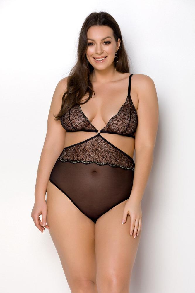 SO7050 Боди Passion Amberly Body 6XL/7XL black, ассиметричный крой, кружевной лиф, золотая нить