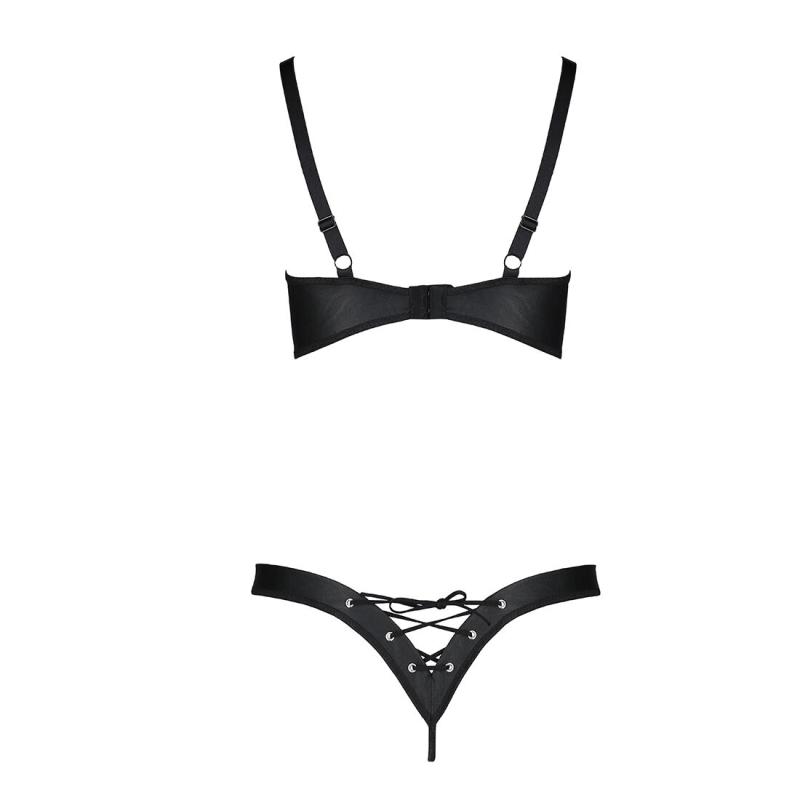 SO6402 Комплект из экокожи CELINE BIKINI black XXL/XXXL — Passion: открытый бра с лентами, стринги со шнуро