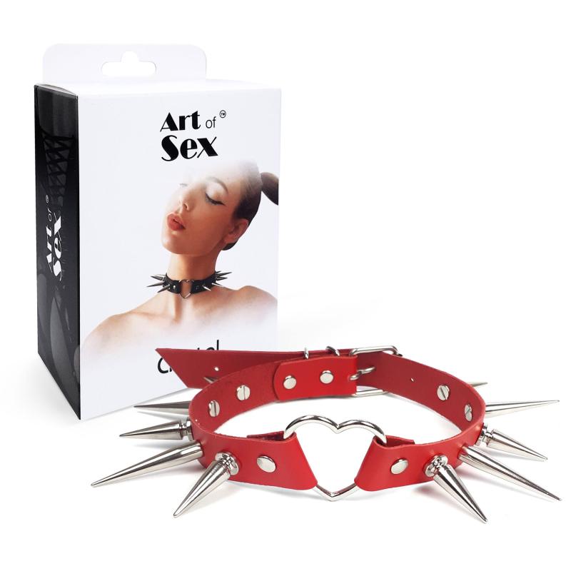 SO7012 Чокер сердце с большими шипами, из натуральной кожи Art of Sex - Crystal, цвет Красный
